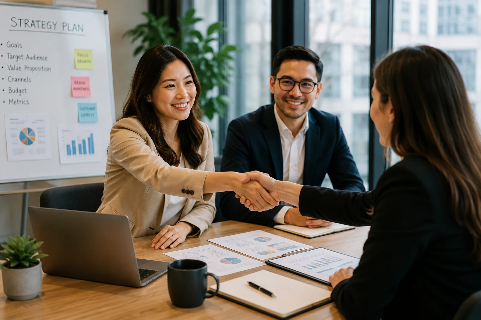 Business meeting and client handshake
